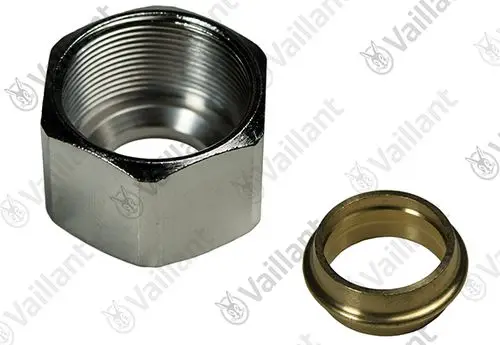 Vaillant Metallmutter mit Innengewinde und Schneidring, geeignet für Rohrverbindungen. Zwei Teile sichtbar: eine sechseckige Mutter und ein glatter Ring.